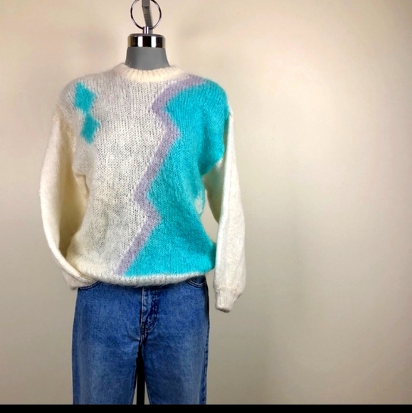 Mohair Sweater, Pure Natural Fabric -Oversized Mohair puff-sleeve Jumper Knit M - Picture 7 of 7